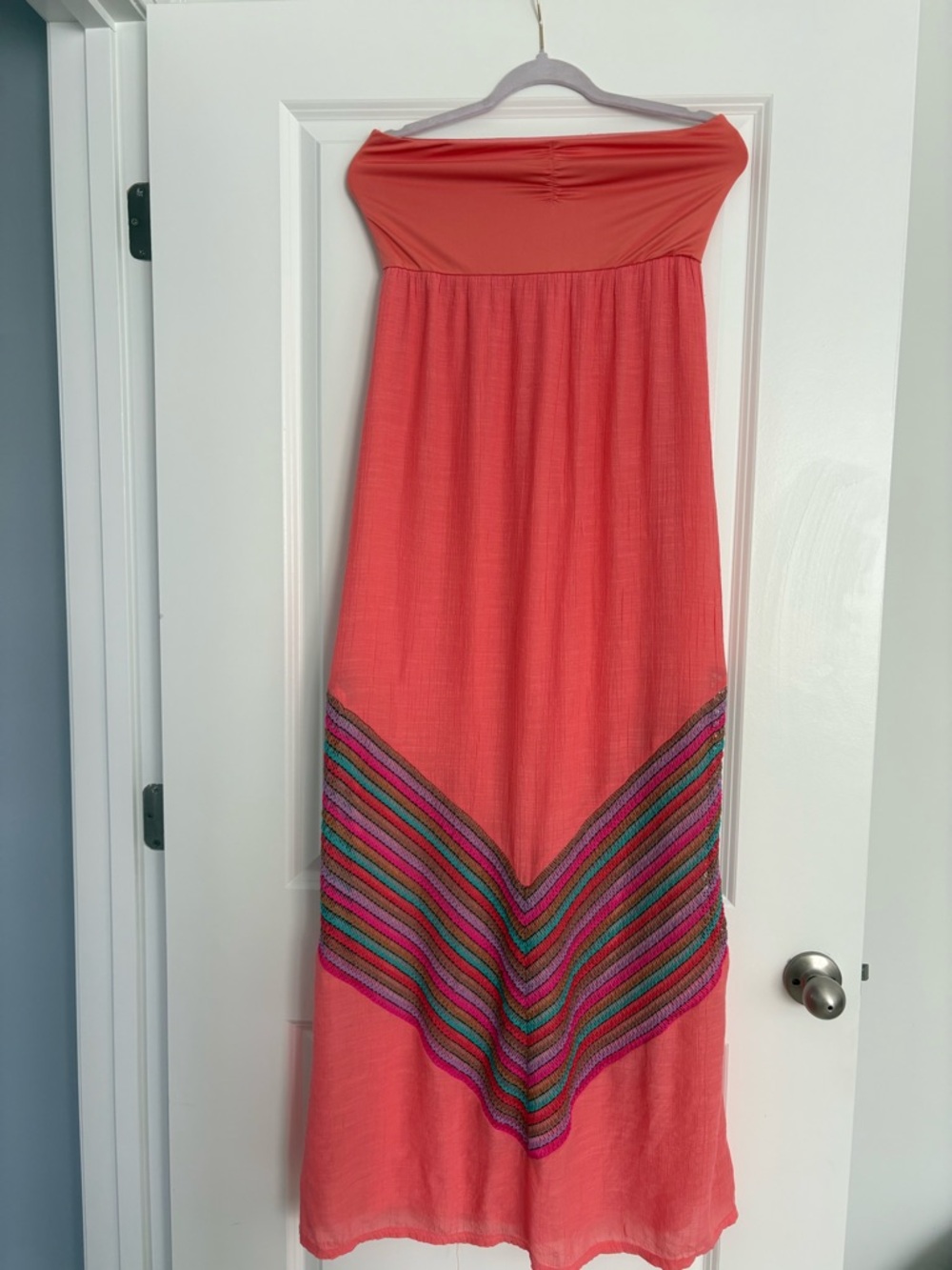 Women's Strapless Coral Maxi Dress with Multicolor Chevron Detail